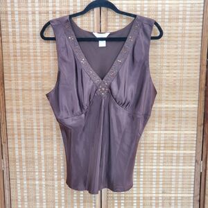 ◇ Vintage Outfit JPR Brown V Neck Silk Beaded Sleeveless Top Size XL